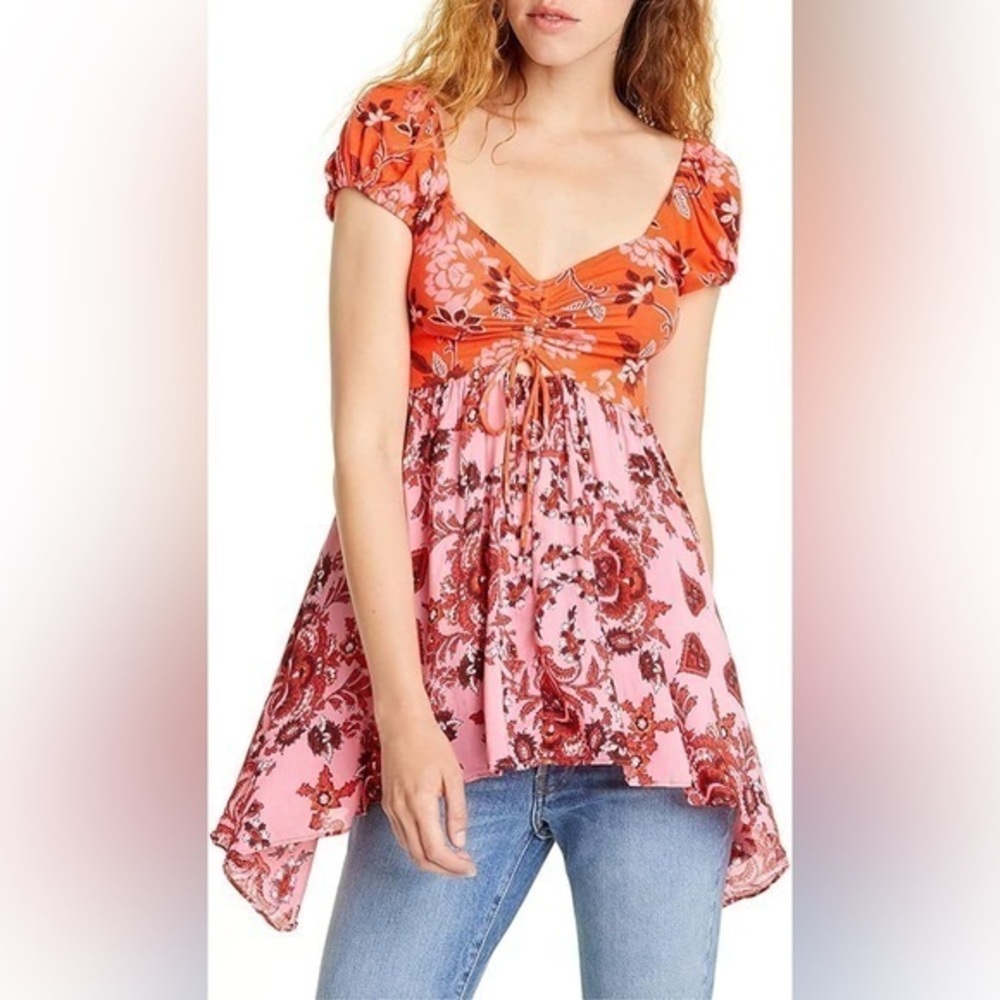 Free People La Bamba floral baby doll peasant asymmetrical boho top medium